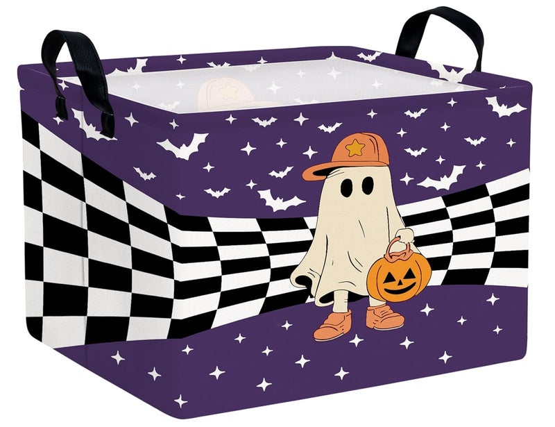 BOOHIT Large Halloween Themed Candy Gift Boo Basket for Kids Baby Personalized Adults Storage Bin Fall Decor(Baseball Hat Grid Spooky) - Image 1